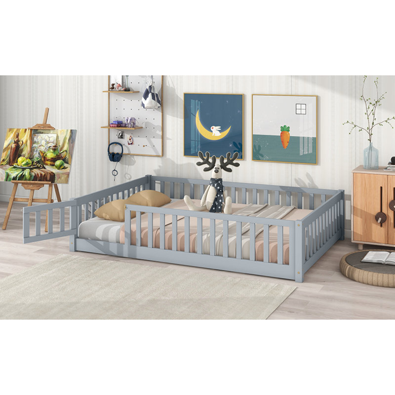 Full Size Floor Bed With Fence And Door,Rubber Wood Floor Bed With Safety Guardrails,Grey, Gray
