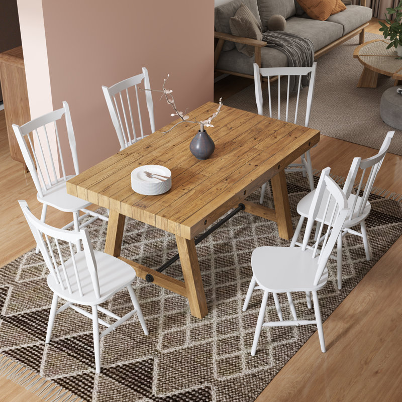 Modern Farmhouse Dining Set - Reclaimed Pine Table & Rubberwood Chairs - Rustic Industrial, White, Brown