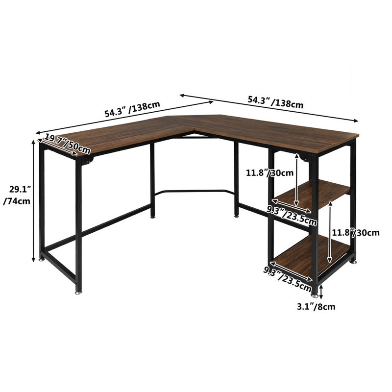 Davian L-Shaped Metal Base Writing Desk, Brown/Black