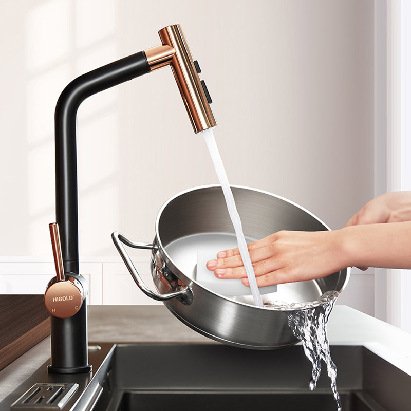 HIGOLD BN1.0 Single Handle Pull Down Kitchen Faucet With IF Award, Rose Gold & Black Finished, Gold/Black