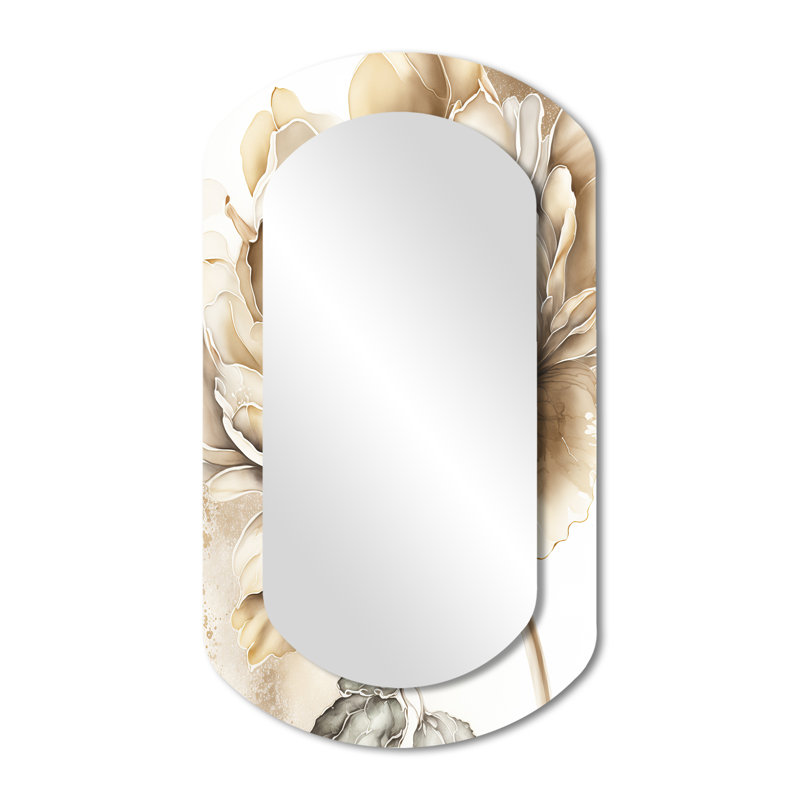Nikolai Indigold Beige Flower IV - Floral Cylinder Decorative Wall Mirror, Traditional Asymmetrical Mirror, Printed Metal Art