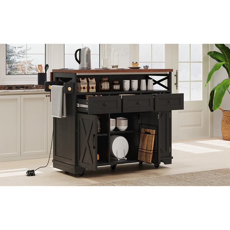 46.5'' Farmhouse Kitchen Island With Drape Of Beads, Power Outlet, Rolling Kitchen Cart On Wheels With Drop Leaf, 3 Doors , 3 Drawers And Internal Iron Shelf, For Kitchen, Dining Room, Black, Kitchen Island