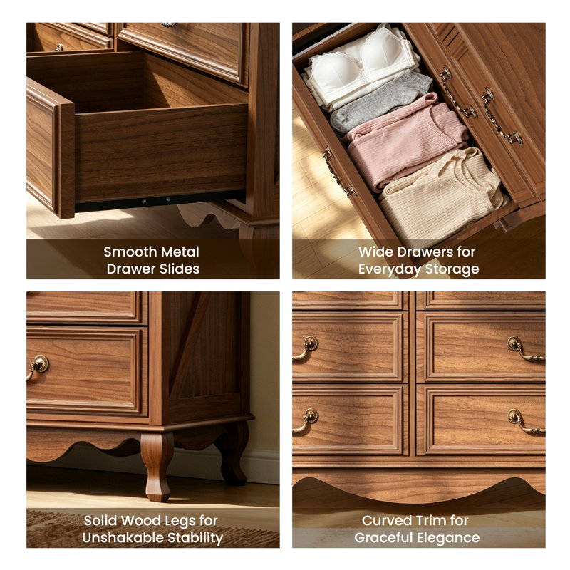 Commode vintage de 54 po L à 9 tiroirs, élégante commode de rangement en bois au design classique, grand meuble de rangement pour chambre à coucher avec tiroirs à glissières en douceur
