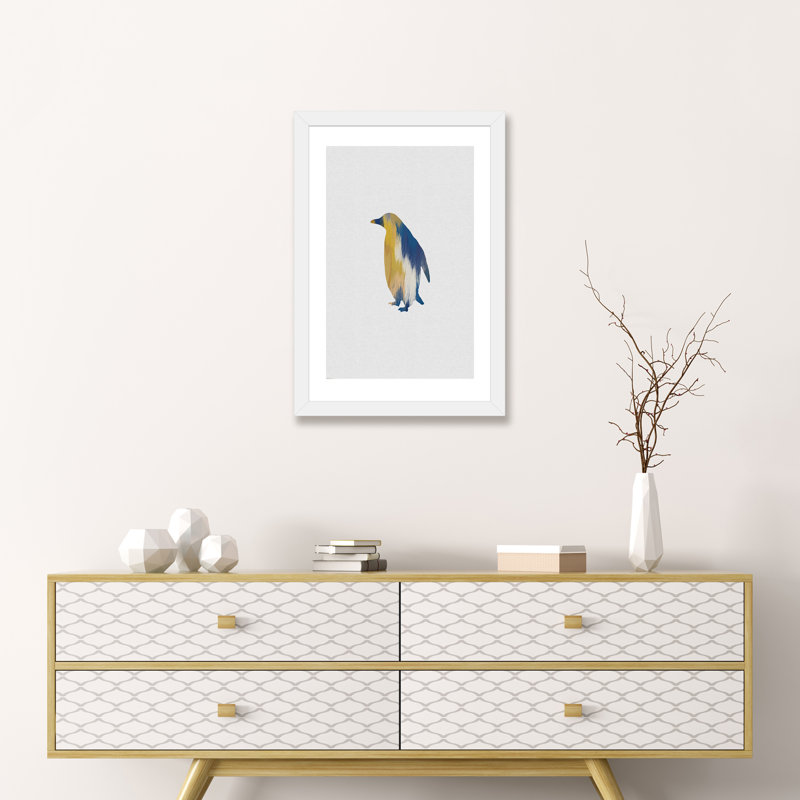 Pingouin bleu et jaune - impression d'art graphique, H 24 po x l 16 po x P 1 po, Papier encadré blanc