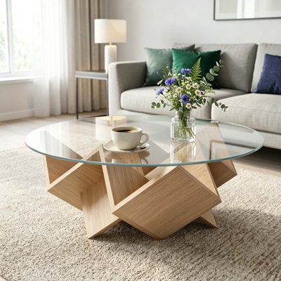Table basse ronde moderne avec plateau en verre trempé et piètement de rangement Art déco