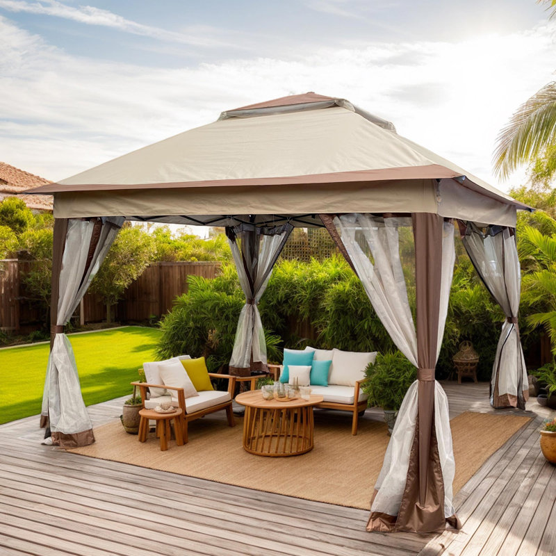 11x11 ft Brown Metal Patio Gazebo with Netting and 2-Tier Roof
