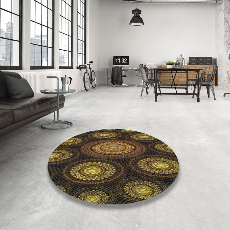 Tapis jaune/brun tissé à la machine, Rond 8 pi