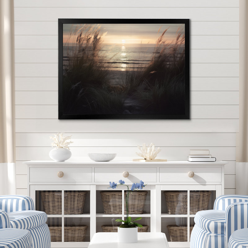 «Ocean Summer Bliss Sunset Beach Grass Waving On», reproduction sur toile, Cadre simple noir, H 30 po x l 40 po x P 1,5 po