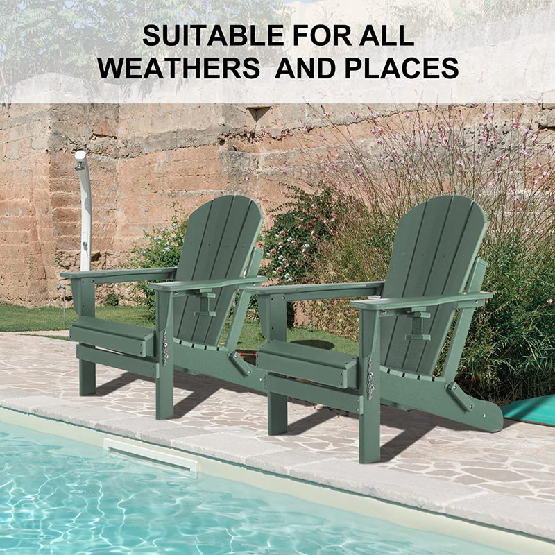 Folding Adirondack Chairs Set Of 2 With Cushion, Hdpe Oversized Patio Chair Weather Resistant, Green
