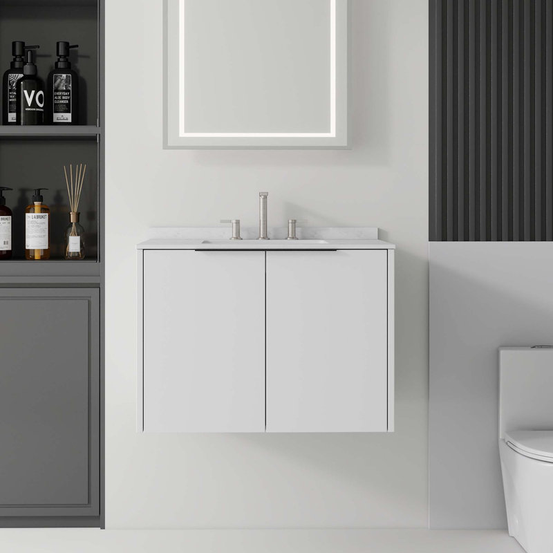 Meuble-lavabo flottant avec lavabo à débordement et portes à fermeture en douceur, Blanc