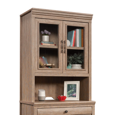 Brun, meubles de bureau en bois d'ingénierie, tablette réglable derrière - portes en verre trempé, système de gestion des câbles, profondeur de 31,07 po, largeur de 17,71 po, hauteur de 42,89 po, style, bois,