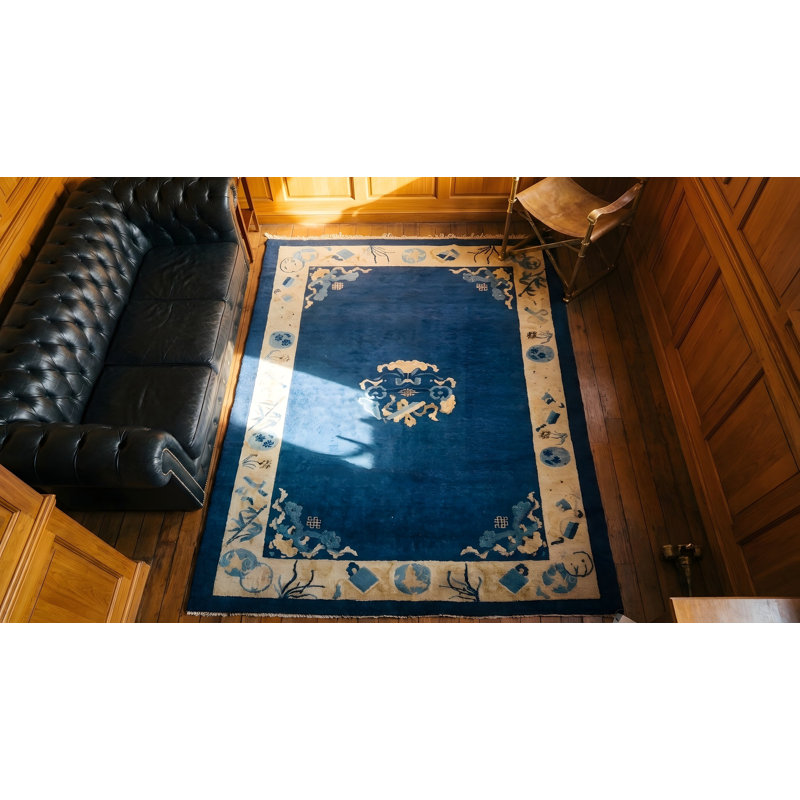 Solid Open Blue Color Field Antique Chinese Floral Medallion Pattern Peking Rug