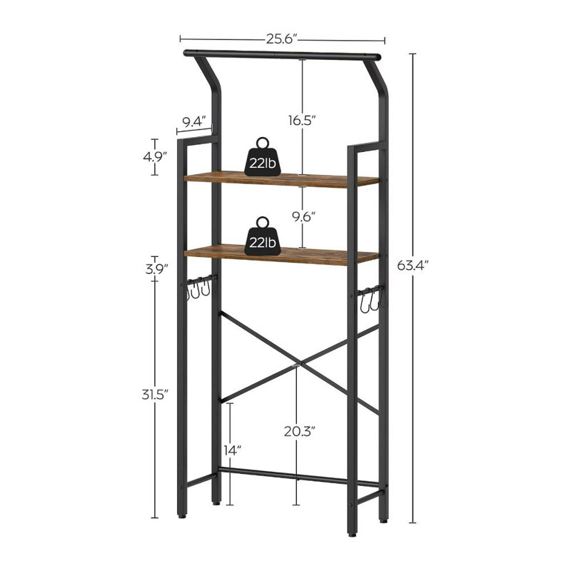 Rangement au-dessus de la toilette, étagères de rangement de salle de bain à 2 niveaux avec crochets, étagère de rangement verticale multifonctionnelle pour salle de bain