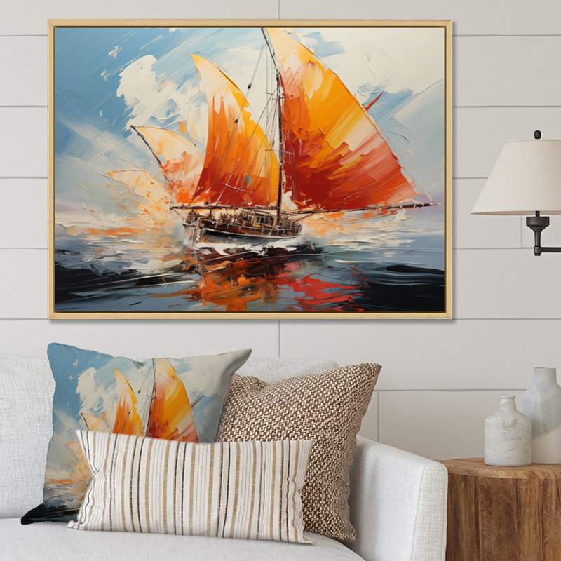 Bateau à voiles énergiques - Imprimé, Cadre naturel flottant, H 30 po x l 40 po x P 1,5 po