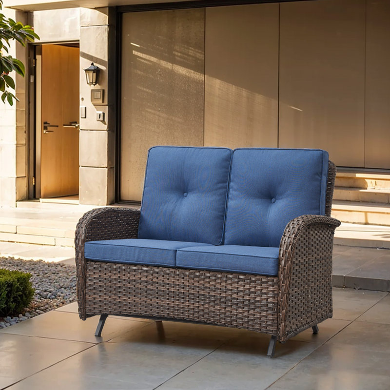 Gaetanino 49.5" Wide PE Wicker Outdoor Patio Glider Loveseat with Cushions, Blue, Brown