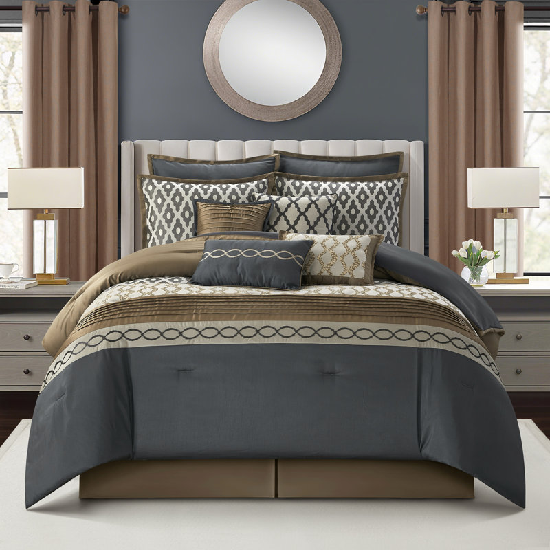 Caval 12 Piece Jacquard Comforter Set, King Comforter + 11 Additional Pieces, Gray