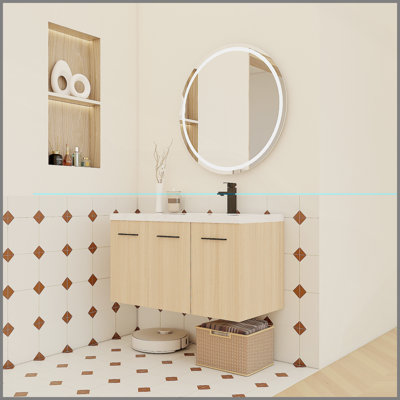 Meuble-lavabo flottant mural 36 po avec lavabo 36 po, chêne clair, armoire modulaire à 3 portes (2 portes + 1 porte), plateau de lavabo intégré avec revêtement en gel, 3 boîtes, prêt à assembler