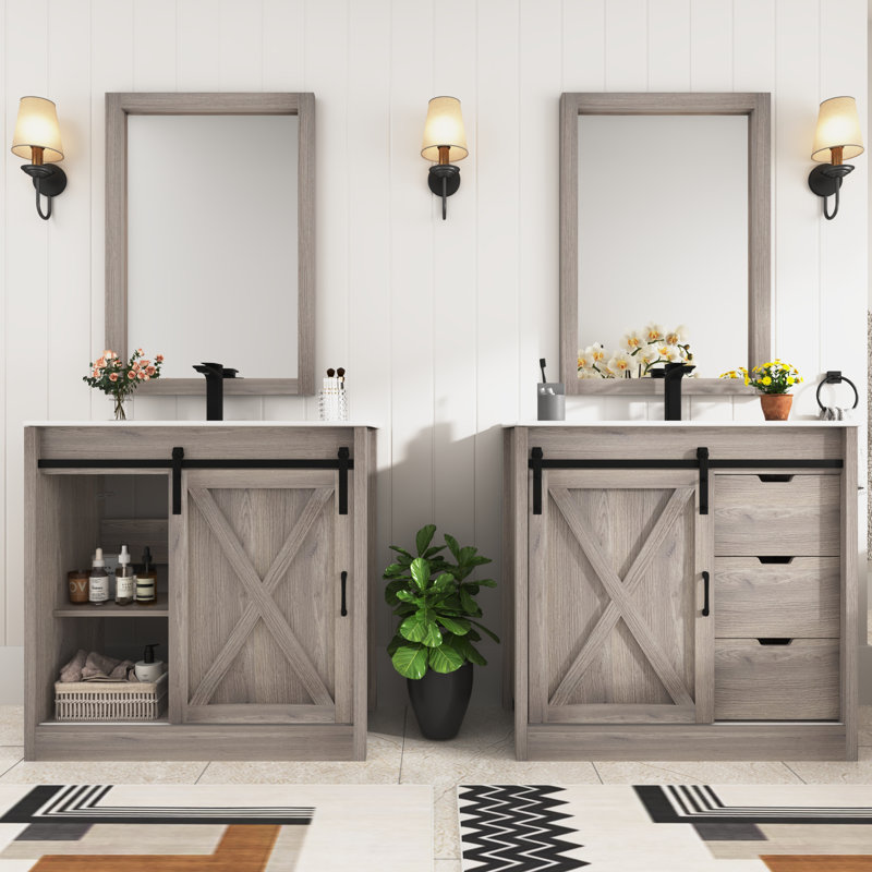 Meuble-lavabo de salle de bain avec lavabo, robinet, miroir, porte de grange coulissante et tiroirs, Naturel, 36"