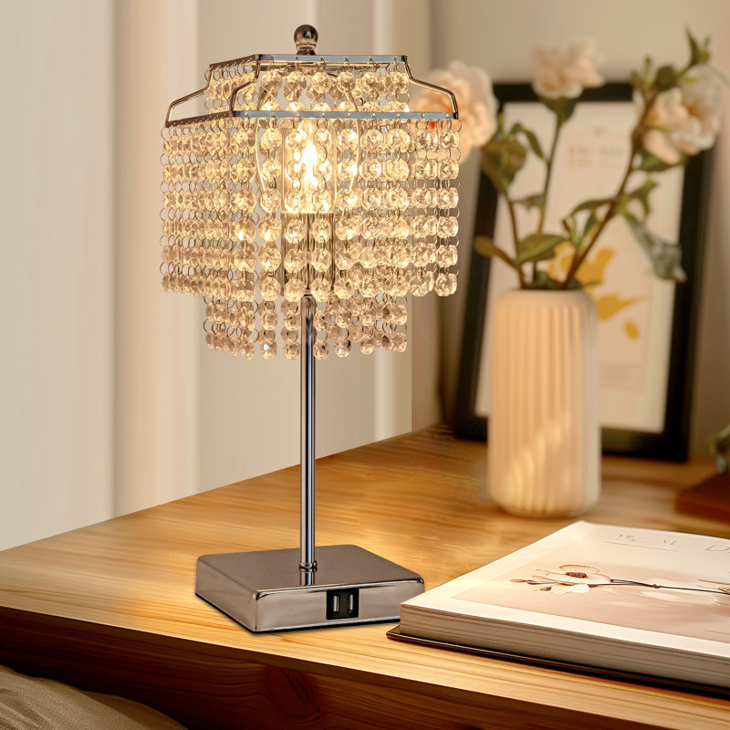 Lampe de table moderne en cristal avec double charge USB et fonction à intensité variable, Transparent, Argent