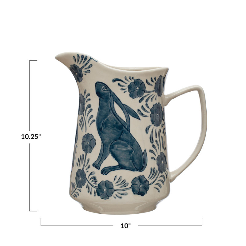 Stoneware Pitcher With Painted Rabbit And Florals