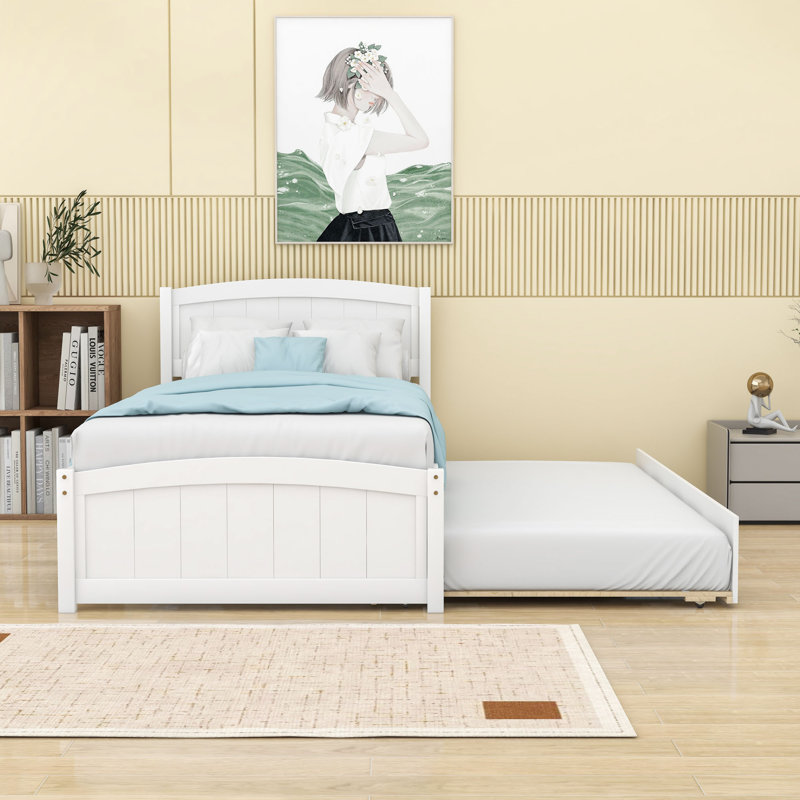 Lit plateforme simple en bois avec lit gigogne simple et tête de lit, Blanc