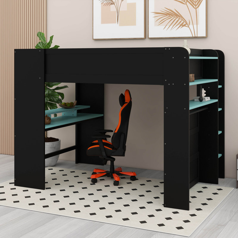 Lit superposé double en bois pleine grandeur avec bureau à hauteur réglable, garde-robe, rangement spacieux et lumière RVB