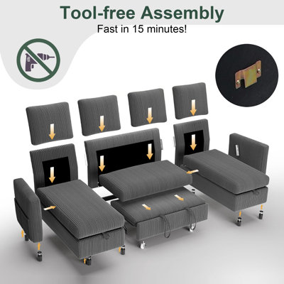 Sectional Sleeper Sofa Bed With Pull Out, Reclining Backrest, Reversible Storage Chaise, Usb Ports, Tool - Free Assembly-Cds