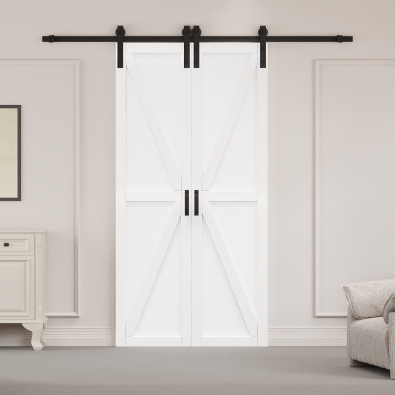 Porte de grange double pré-finie en bois massif et manufacturé avec trousse de quincaillerie d'installation, 42 po x 84 po
