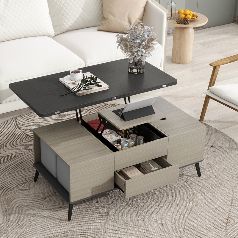 5 Pieces Lift Top Coffee Table Set With Storage Convertible Dining Table With Ottomans
