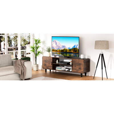 Meuble télé 55 po en brun rustique, avec matériaux et console de rangement pour téléviseur, intérieur spacieux en verre trempé brun