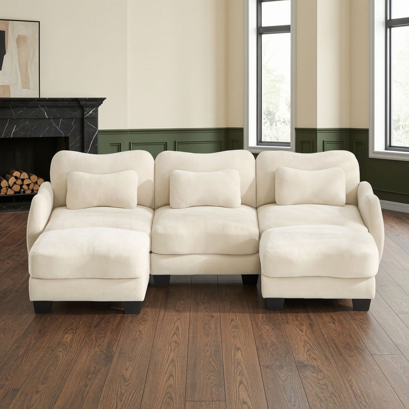Canapé de coin avec deux poufs amovibles et trois coussins lombaires, Beige