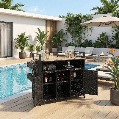 52.8"W Wicker Outdoor Grill Cart with Extended Plastic Wood Top, Rolling Storage Island with Cabinet & Double Handles for Patio, Backyard & Poolside