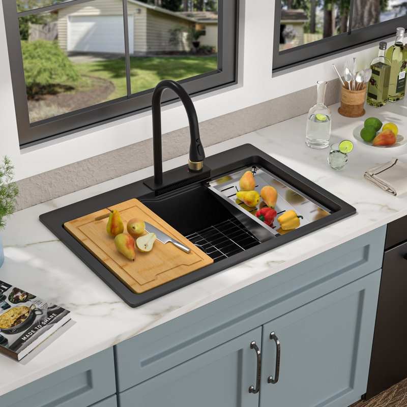 33" Granite Drop In Kitchen Sink with Workstation Waterfall Faucet, Black