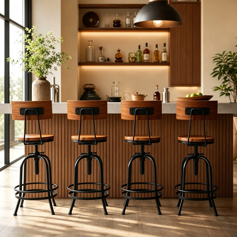 Tabouret de bar industriel pivotant réglable, Brun clair / noir, 4