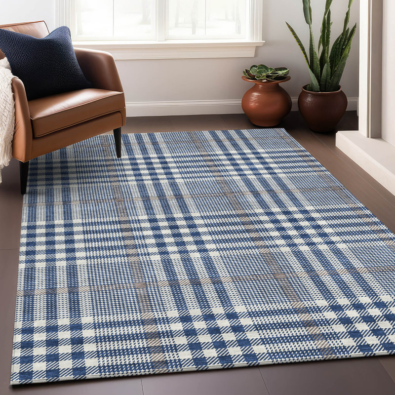 Navy Plaid Synthetic Washable Indoor/Outdoor Rug 2'6" x 3'10"