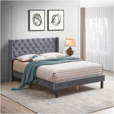 Velvet Button Tufted-Upholstered Bed With Wings Design - Strong Wood Slat Support - Easy Assembly - Gray, Queen, Platform Bed