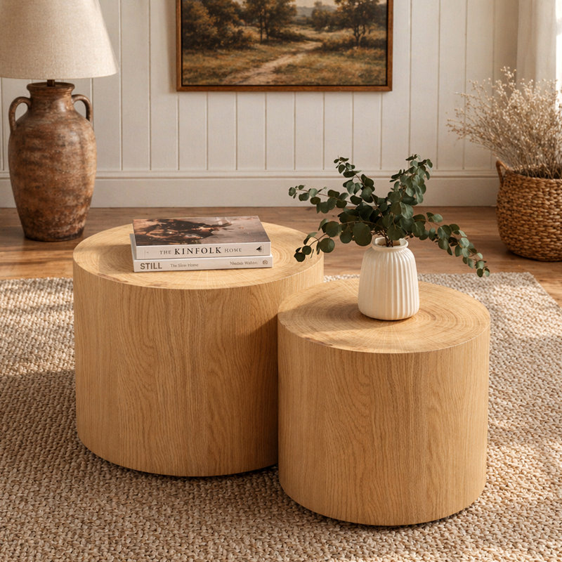 Ensemble de 2 tables basses gigognes, tables basses rondes modernes, tables d'appoint circulaires en bois pour petits espaces, salon, balcon, table d'appoint, tambour, bois naturel et véritable arbre