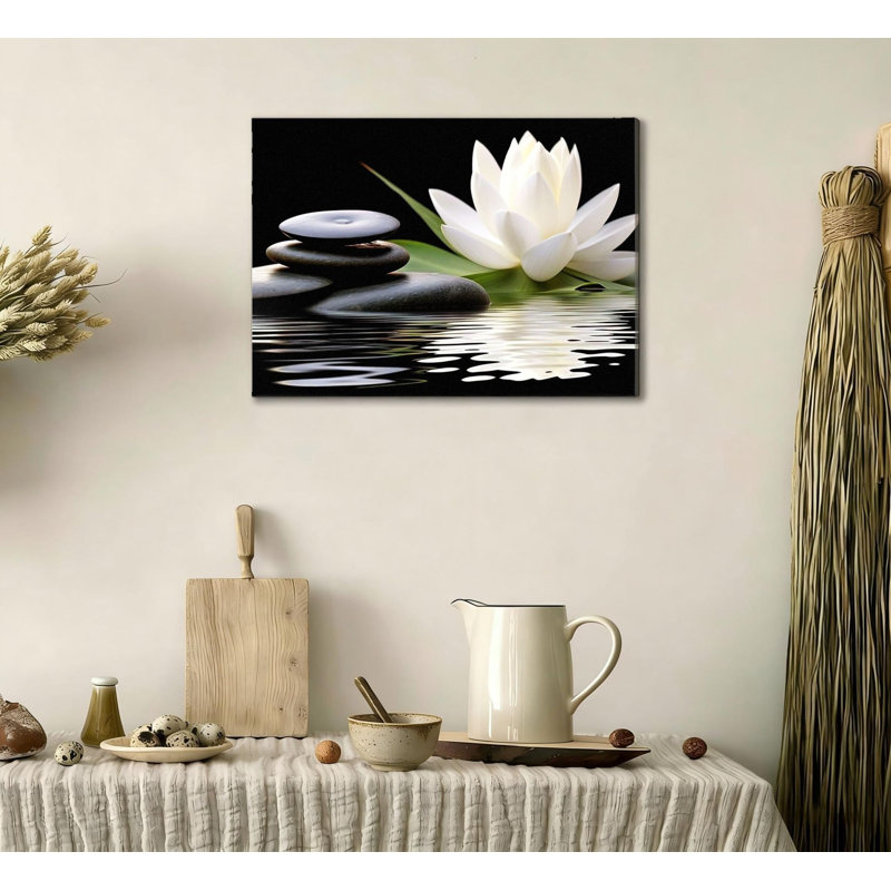 Fleurs blanches de lotus blanc et de pierres zen noires dans l'eau, support de cadre en bois massif, 16 x 24