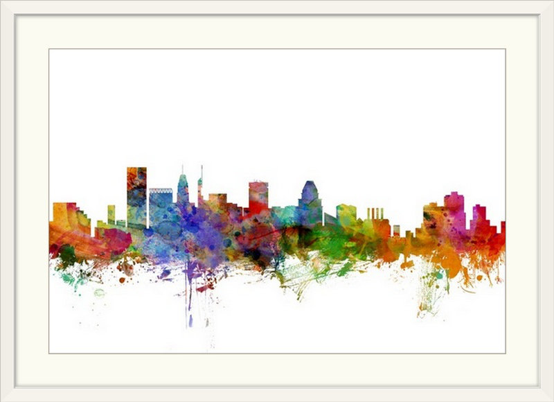 «Francy Baltimore Maryland Skyline» par Michael Tompsett, impression, Cadre blanc, H 24 po x l 32 po x P 1 po