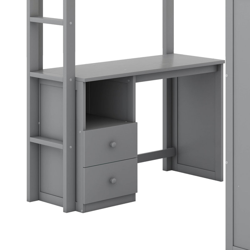 Lit mezzanine en bois avec placards, armoire et bureau à 2 tiroirs, Gris, Lit simple