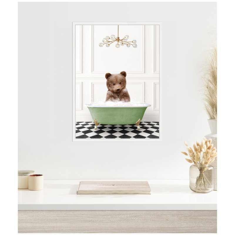 «Bear Cub in Green Bathaign Checker Floor» par Amy Peterson, reproduction d'art sur toile encadrée
