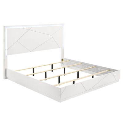 Queen Bed With Geometric Headboard And Integrated Led Lighting. High - Gloss Lacquer Finish On A Stable Wood For Bedroom Decor Contemporary Style Modern Bedrooms