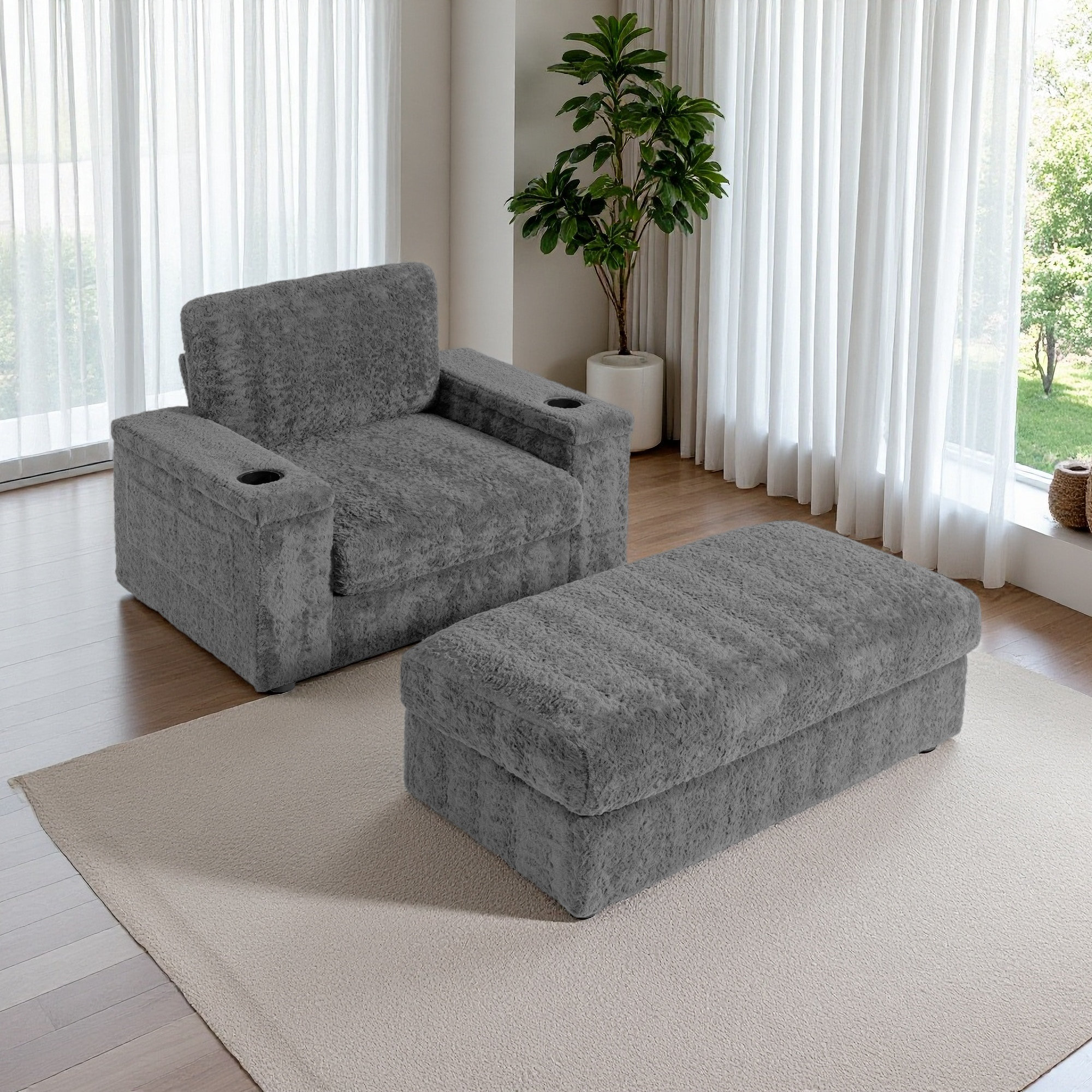 Ebern Designs Oversized Chaise Lounge Indoor,Faux Rabbit Fur Sofa Bed ...