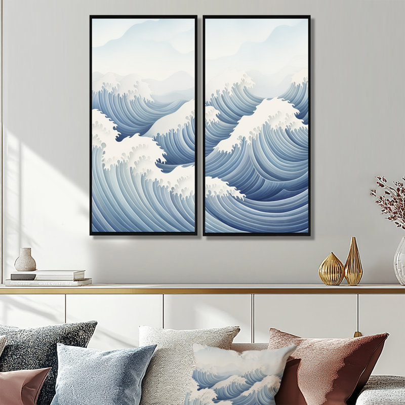 Harmonious Blue Waves Tides - Art mural moderne bleu, 40" H x 40" W, Black, Impression encadrée flottante
