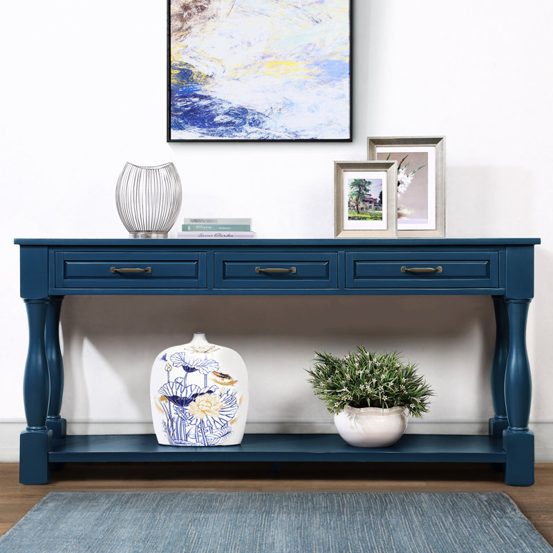 Console de couloir, 63 pouces de long. Bleu marine, bois de pin massif, rangement fonctionnel, table de salon facile à assembler, 63 po. 3 tiroirs et tablette, stable, installation simple