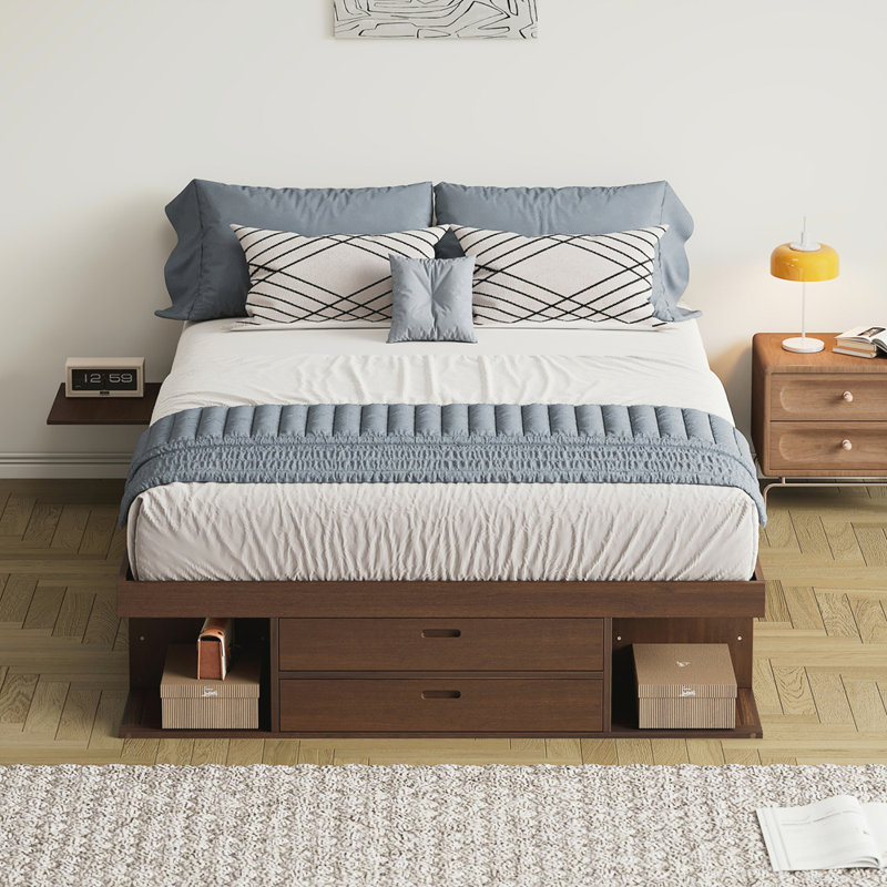 Base de lit plateforme de rangement avec plusieurs tiroirs et tablettes sans sommier, Noyer, Double