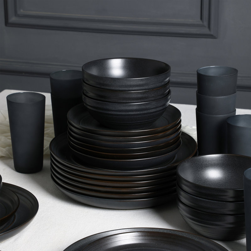 Stone Lain Elio 32-Piece Stoneware Dinnerware And Glass Drinkware Set, Black