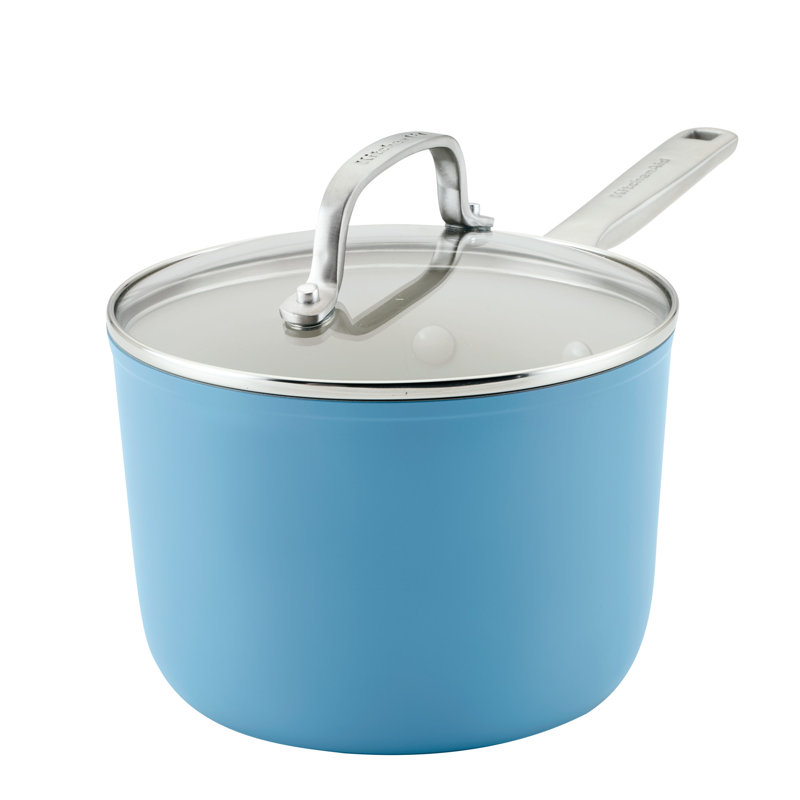 KitchenAid Hard Anodized Ceramic Nonstick Cookware Sauce Pan with Lid, 3 Quart, Blue Velvet