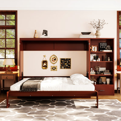 Murphy Bed With Height Adjustable Storage Compartments And Shelf, Wall Bed Frame With 1 Drawer