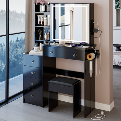 37" Middle Size Left Bedside Cabinet Vanity Table + Cushioned Stool Dresser Set, 2 AC+2 USB Socket, Hair Dryer Stand, Large Touch Control LED Sliding